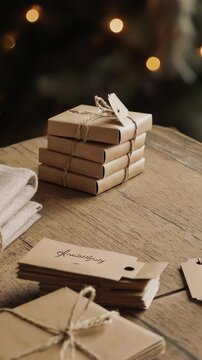 Gift boxes and tags are neatly arranged on a wooden table, creating a festive scene. 