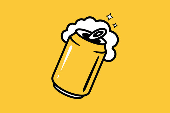 A fizzy yellow soda can overflows with foam against a bright yellow background.