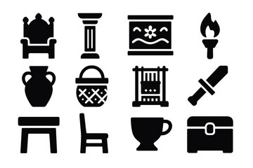 Palace Life Icons. Solid style icons of Palace Life: Throne, Pillar, Painted Wall, Torch, Jar, Basket, Loom, Dagger, Table, Chair,