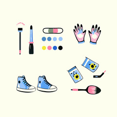 Set of different tools for shoe customization watercolor icons. Flat images isolated on white background. Vector illustration.