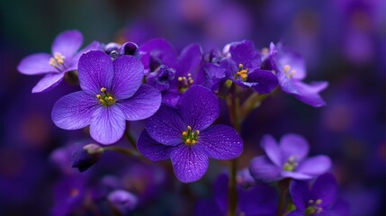 Closeup of vibrant purple flowers with delicate water droplets on petals