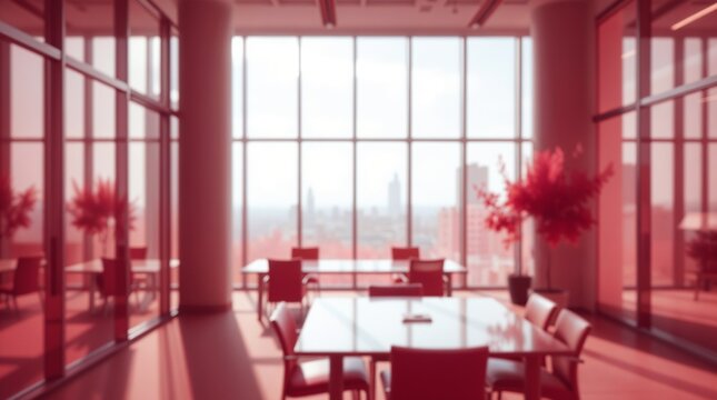 blurred background of a modern office interior with panoramic windows and beautiful lighting, Blurred office meeting room
