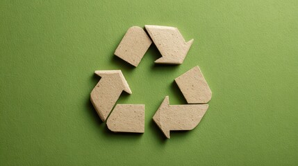Recycle symbol made of cardboard on green background represents sustainability