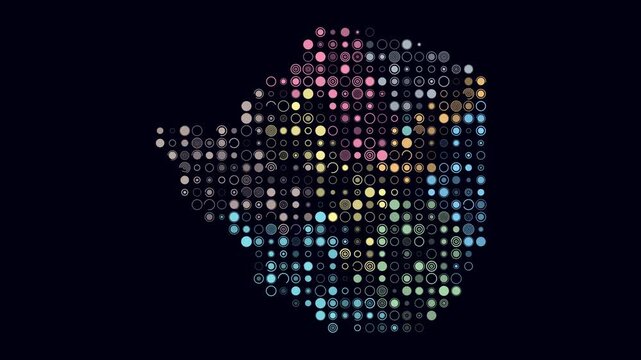 Zimbabwe animated country shape. Pulsating colored dots on the map of the country. Large size circle blocks. Digital style Zimbabwe map on dark background. Plain animation video.