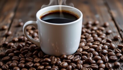 A mesmerizing, extreme close up of a steaming cup of rich, dark coffee, captured from a dramatic horizon tilt that accentuates the vibrant textures and contours