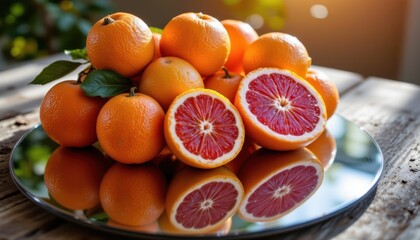 A vibrant still life scene illuminated by the warm, golden hues of the late afternoon glow, A cluster of plump, juicy citrus fruits luminous oranges, radiant lemons