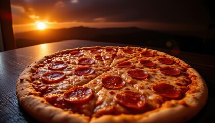 A vibrant, close up fisheye perspective capturing a decadent pepperoni pizza resting atop a sleek, dark wooden surface, The pizza boasts a bubbling blanket of molten