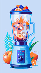 Making fruit smoothies in a blender watercolor image. Flat vector illustration.