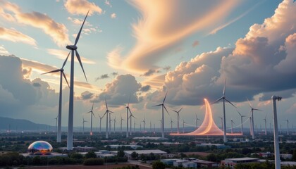 the upper half features an expansive, airy sky filled with swirling clouds tinged with luminous pastel tones, subtly hinting at the flow of energy and innovation, Dominating this view are sleek