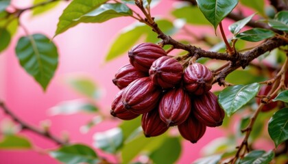 A mesmerizing close up of a lush cocoa tree branch, its vibrant green leaves framing a cluster of plump, ripe cocoa pods bursting with rich, velvety chocolate hues