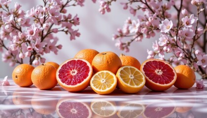 A serene still life scene arranged at the bottom of the canvas, where a cluster of vibrant citrus fruits plump oranges, zesty lemons, and ruby red grapefruits sit casually atop a delicate