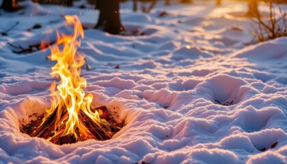 A cozy campfire flickers warmly amidst a pristine snow covered landscape, its glowing embers casting shimmering reflections that ripple across the icy surface like liquid mirror images