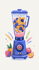 Making fruit smoothies in a blender watercolor image. Flat vector illustration.
