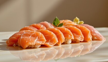 A refined sushi platter artfully arranged on a smooth, glossy surface that mirrors the scene beneath the blazing high noon sun, The position features delicate slices of vibrant orange salmon nigiri