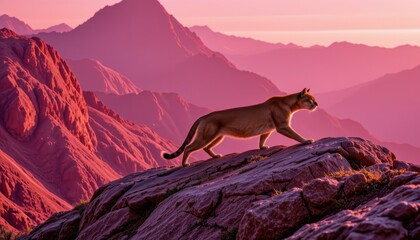 A majestic puma gliding silently across rugged mountain terrain, its sleek form embodying confidence and grace, The scene is bathed in radiant pink hues