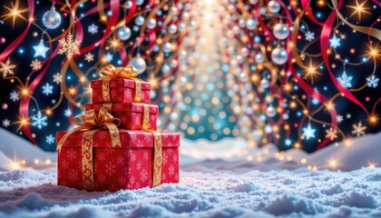 A vibrant Christmas card scene viewed from a dramatic wide angle perspective, as if peering through a tunnel that narrows towards a sparkling horizon, At the top of the position, a cluster of plush