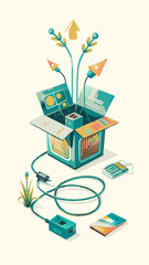Computer parts and cables in box watercolor image. Flat vector illustration.