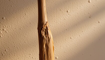 A solitary broomstick standing upright against a softly textured, neutral backdrop its weathered wooden handle bearing the rich, intricate patterns of age and use