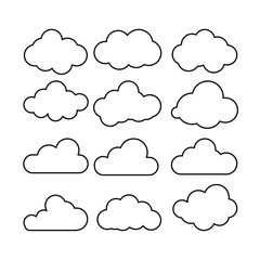 Set of 12 Simple Cloud Outline Icons. Minimalist Weather Vector Collection
