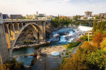 Scenic View of Spokane River Falls and Monroe Street Bridge at sunrise