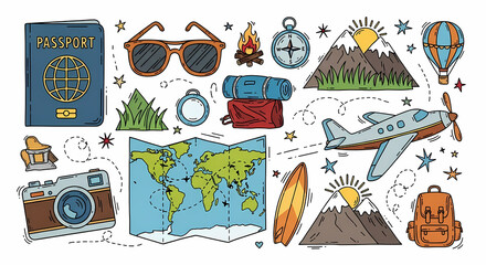 Obraz premium Vibrant hand drawn travel and adventure symbols. Doodle drawings of passport, camera, sunglasses, world map, airplane, mountains. Energetic and playful line art for wanderlust themes