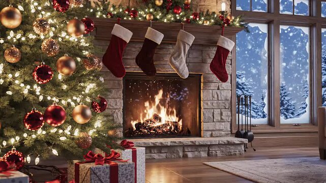 Cozy Christmas scene with fireplace, stockings, and decorated tree  