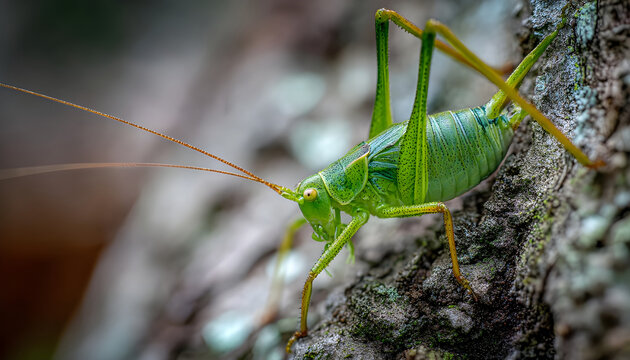 Great Green Bush Cricket on Tree Trunk Close Up
