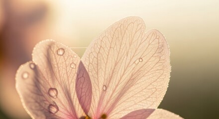 Translucent pink flower petals with water drops, backlit by soft, warm light