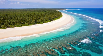 Tropical island sandy beach, turquoise water, coral reefs, and lush green forest
