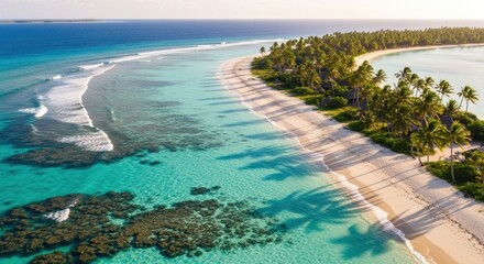 Tropical peninsula with palm trees, beach, turquoise water, and coral reefs