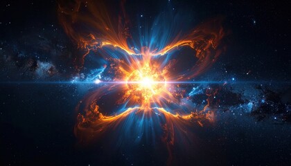 Fototapeta premium Exploding starburst in cosmic void forming butterfly like symmetry symbolizing renewal, explosive energy and transformation in universal cycle