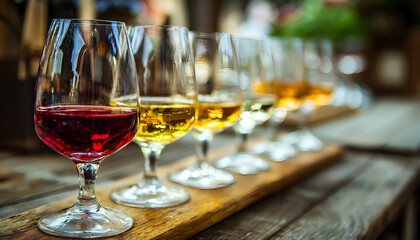 A row of wine glasses filled with different colored wines, beautifully arranged on a wooden table