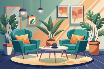Obraz premium Interior corner of modern minimalist living room with two armchairs, elegant small side table, indoor lush greenery, cozy home decor design, and stylish contemporary furniture arrangement.
