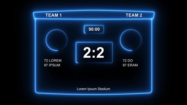 football scoreboard. Glowing neon scoreboard and game result display icon animation. Neon blue scoreboard icon displaying 2:2 score. 4k