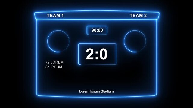 football scoreboard. Glowing neon scoreboard and game result display icon animation. Neon blue scoreboard icon displaying 2:0 score. 4k