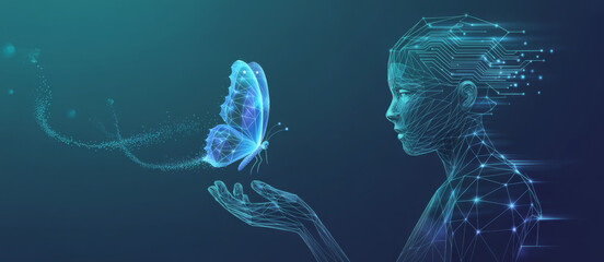 Futuristic abstract humanoid robot holding a digital butterfly on a palm. AI art or Artificial Intelligence Innovation concept. Polygonal wireframe vector illustration. Blue technology background.