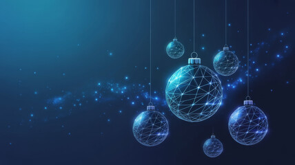 Xmas tree glasses balls in blue tech low poly wireframe. Technology background. Merry Christmas concept. New Year banner cover. Vector illustration 
