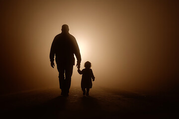 Father and child walking hand in hand into a bright, foggy expanse. The silhouettes create a gentle bond, encapsulating trust and love in a mysterious journey.