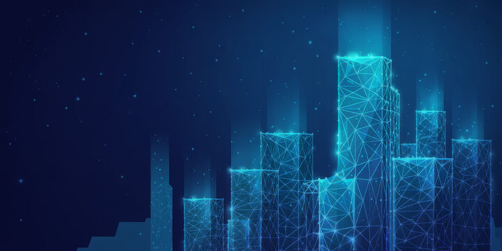 Futuristic city landscape background blue. Low poly wireframe night buildings with glowing effect. Abstract tech smart cityscape background. Innovation skyscrapers and offices. Vector illustration.