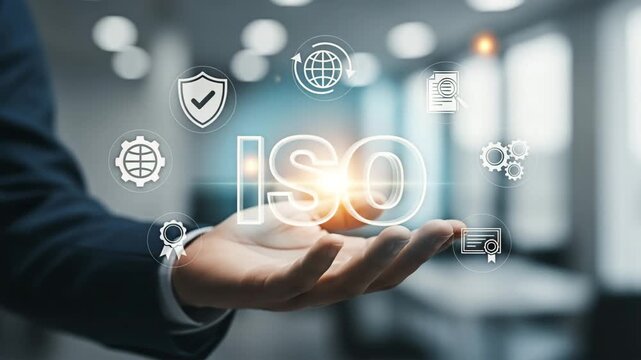 VIdeo of A businessman presenting the concept of ISO certification for the concept of quality management.