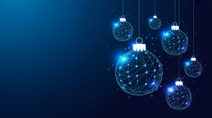 Xmas tree glasses balls in blue tech low poly wireframe. Technology background. Merry Christmas concept. New Year banner cover. Vector illustration 
