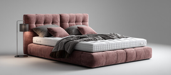 interior bed with an orthopedic mattress on a gradient background. Contemporary Studio Scene with Pink Velvet Bed and Modern Lighting.