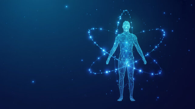 Abstract human body silhouette and nuclear atom model. Science, medicine, and health innovation concepts. AI doctor interface on blue technology background. 3D low poly wireframe vector illustration. 
