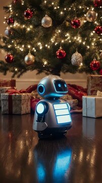 Robot with a Christmas tree background decorated with ornament 