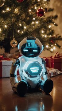 robot sits in front of the Christmas tree with gifts