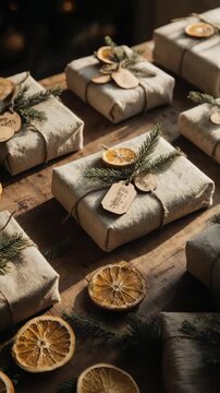 Christmas gifts wrapped with natural craft paper, twine and dried oranges and decorations on a wood table