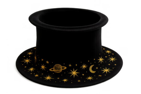 Black magician top hat with golden stars, moon, and planet designs, representing magic, illusion, and astrology, transparent background