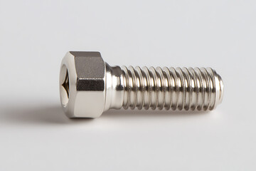 A close-up shot reveals a shiny metal bolt, its hexagonal head gleaming under the light, showcasing the precision and robustness of its threads against a plain backdrop.