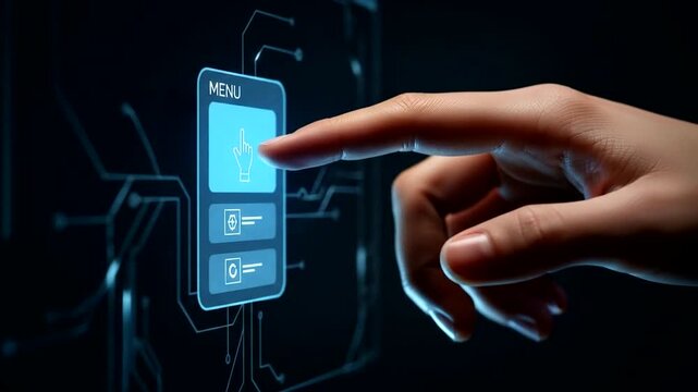 Futuristic digital interface displaying menu options with glowing elements