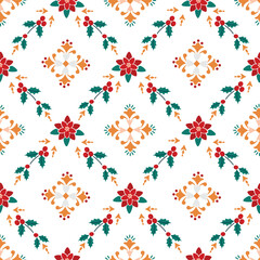 Geometric seamless pattern with holly, poinsettia. Christmas print with rhombuses from plant composition and folk ornaments. Red, green, beige colors. White background. Festive vector design.  